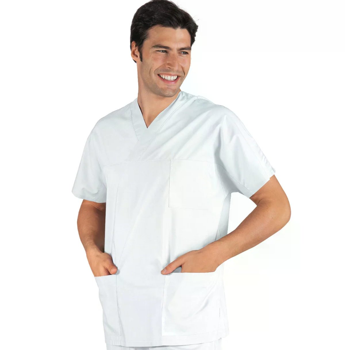 Casacca Sanitaria Unisex Bianca Isacco Collo a V Mezza Manica con 3 Tasche thumbnail 2