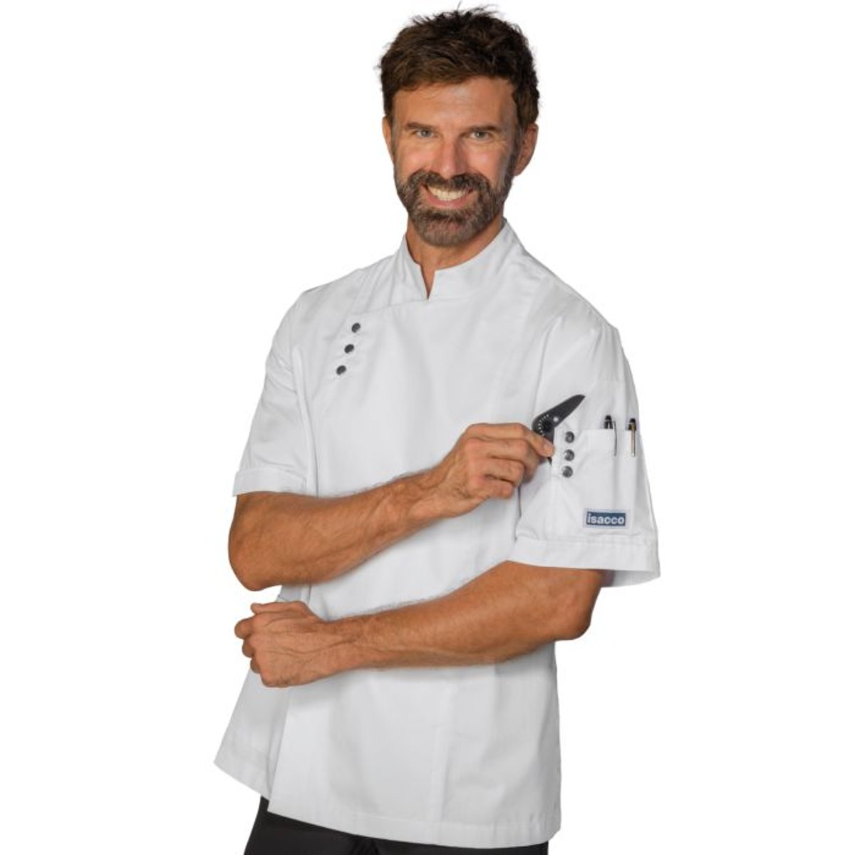Giacca da Cuoco Madrid Isacco Mezza Manica 195 g/m² con Bottoni a Pressione e Taschino Porta Cellulare thumbnail 2
