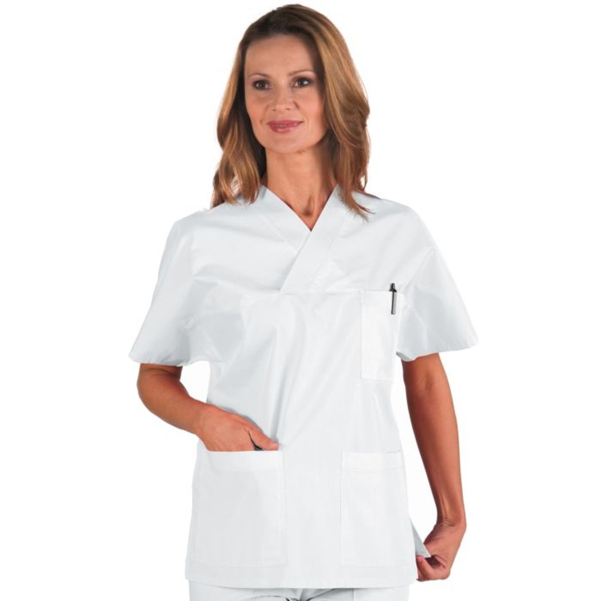Casacca Sanitaria Unisex Bianca Isacco Collo a V Mezza Manica con 3 Tasche thumbnail 2